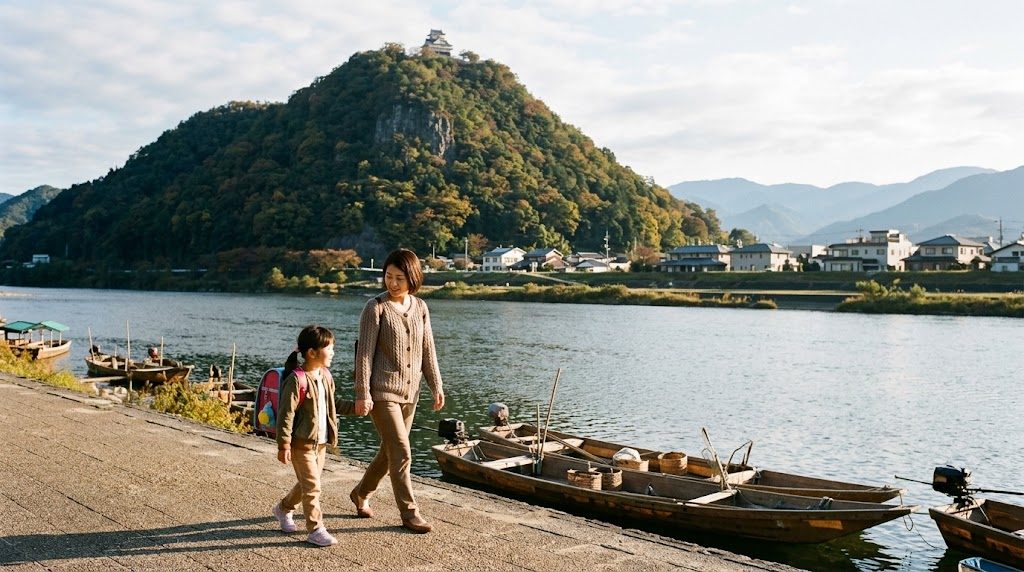 長良川沿いの道から金華山を望む朝の風景の中を、通学かばんを背負った子どもと母親が手をつないで歩く岐阜県の情景