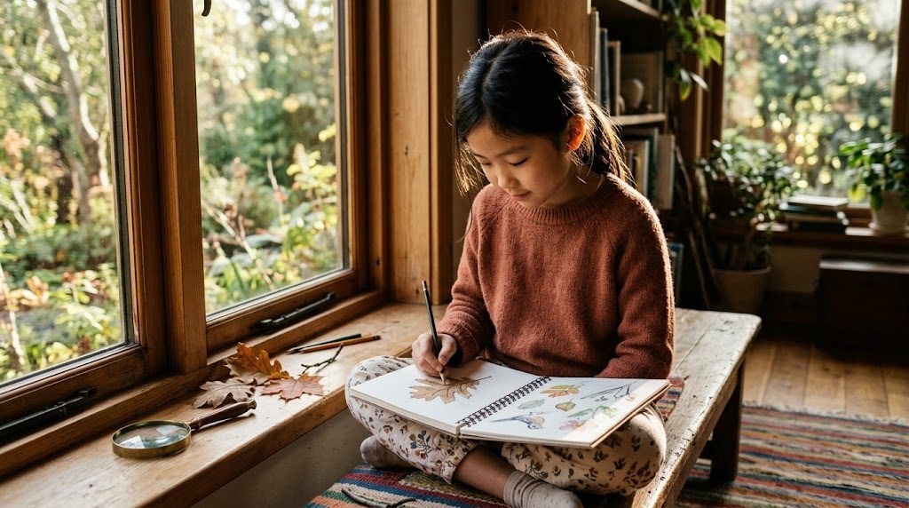 窓辺の自然光の中で女の子が夢中で観察ノートにスケッチする様子