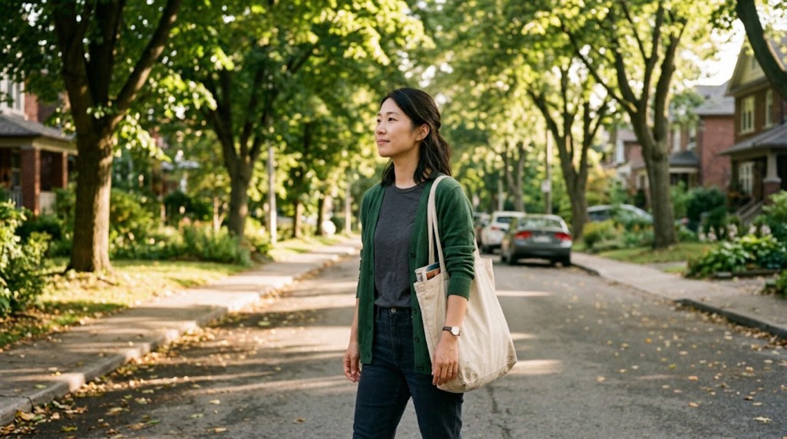 平日の朝、木々の間から差す光の中を、トートバッグを持ってゆっくり歩く30代の元教員。時間が自分の手に戻ってきた穏やかな時間