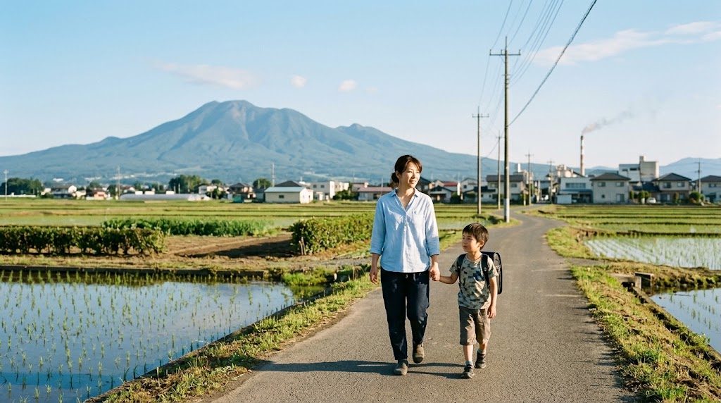 赤城山を望む群馬県の田園地帯の道を、通学かばんを背負った子どもと母親が手をつないで歩く朝の風景