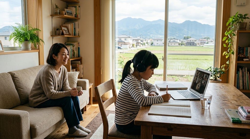 群馬県の自宅リビングで、子どもがノートパソコンでオンライン授業を受け、そばで母親が穏やかに見守る様子