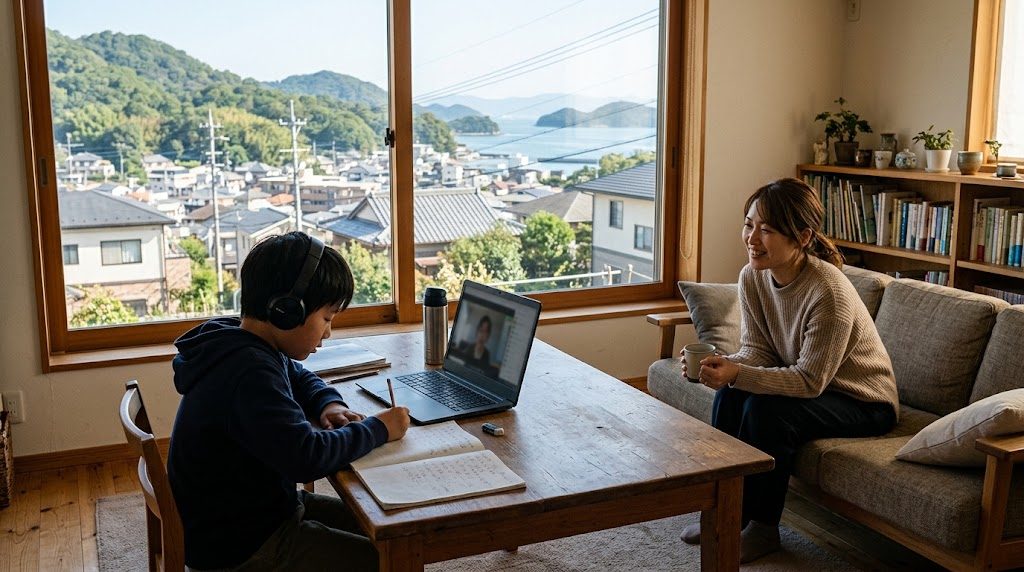 A child attending an online class on a laptop at home in Hiroshima while a parent listens warmly from nearby