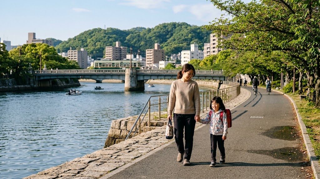 A parent and child walking to school on a morning street in Hiroshima with the city's river and tram lines visible behind them