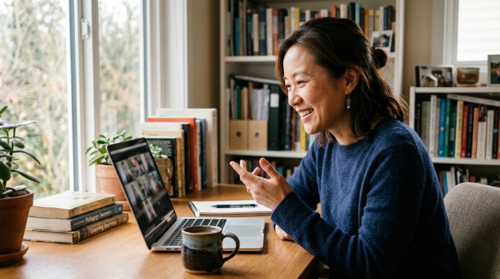 An international school teacher leaning in to listen and talk with children through the screen during a small-group online lesson from home