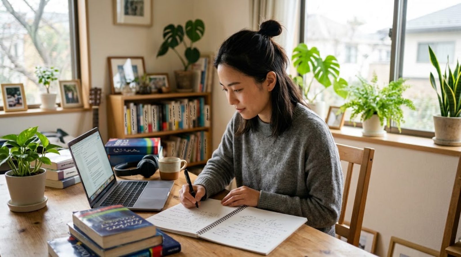An adult in their late twenties to thirties studying English at a sunlit desk with a laptop and books, preparing to become an international school teacher