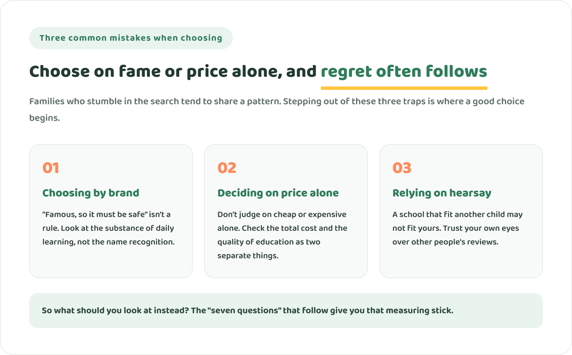Diagram of three common mistakes when choosing an international school — choosing by brand, deciding on price alone, and relying on hearsay