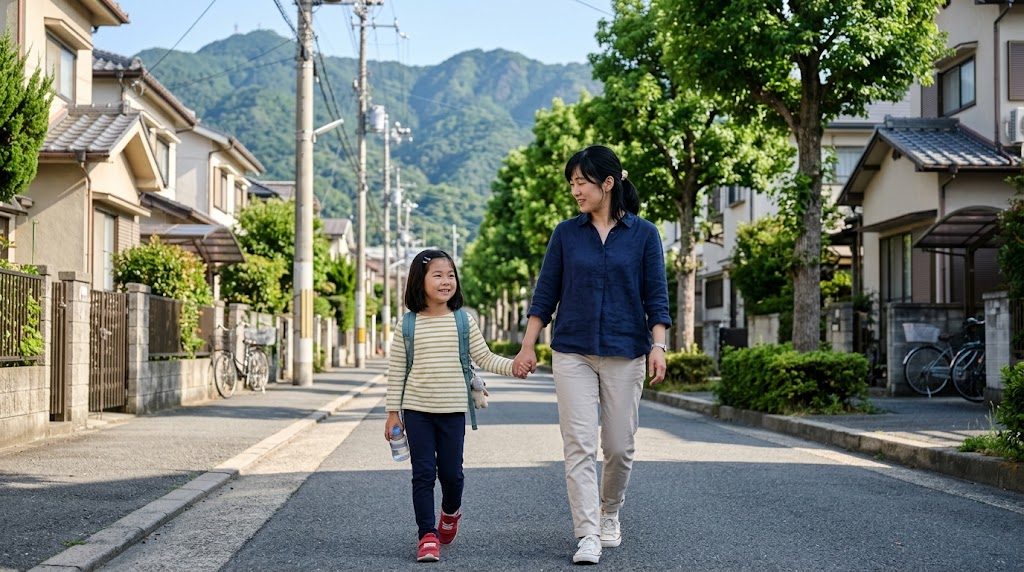 A mother and her young child walking hand in hand on a morning street in Hyogo, with the Rokko mountains and townscape behind them