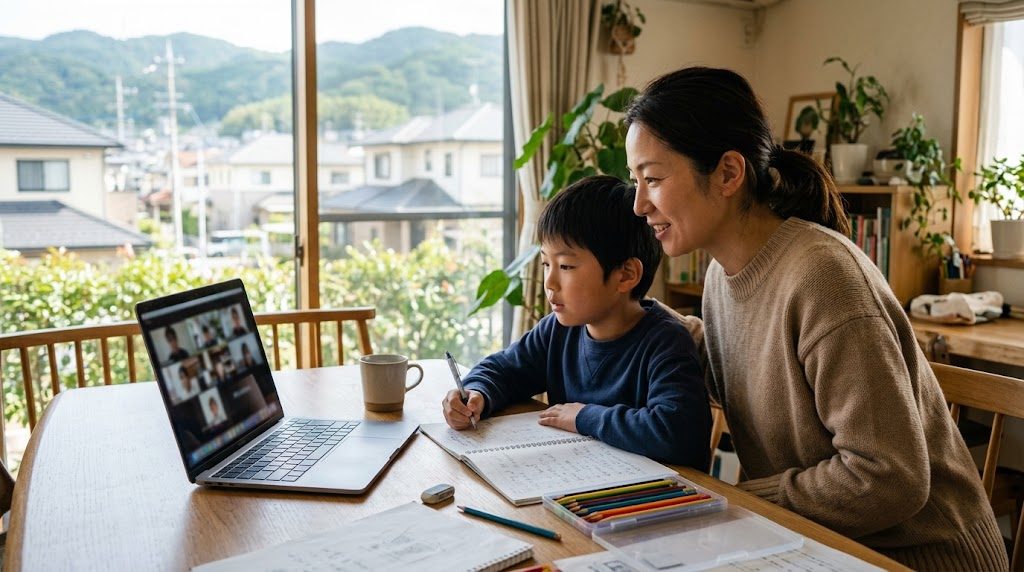 A parent sitting close beside their child, who is joining an online class on a laptop at home in Hyogo