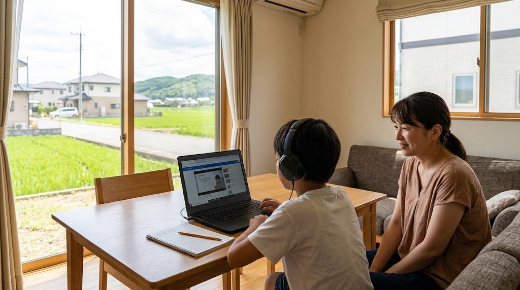 茨城県の自宅のリビングで、子どもがノートパソコンでオンライン授業を受け、そばで母親が穏やかに見守る様子