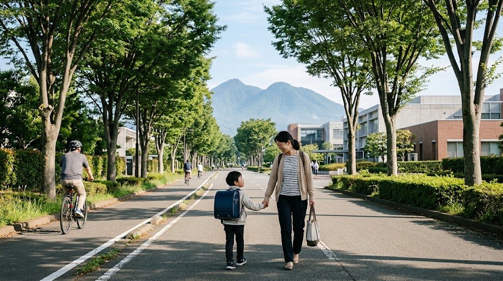筑波山を望むつくばの並木道を、通学かばんを持った子どもと保護者が並んで歩く朝の風景