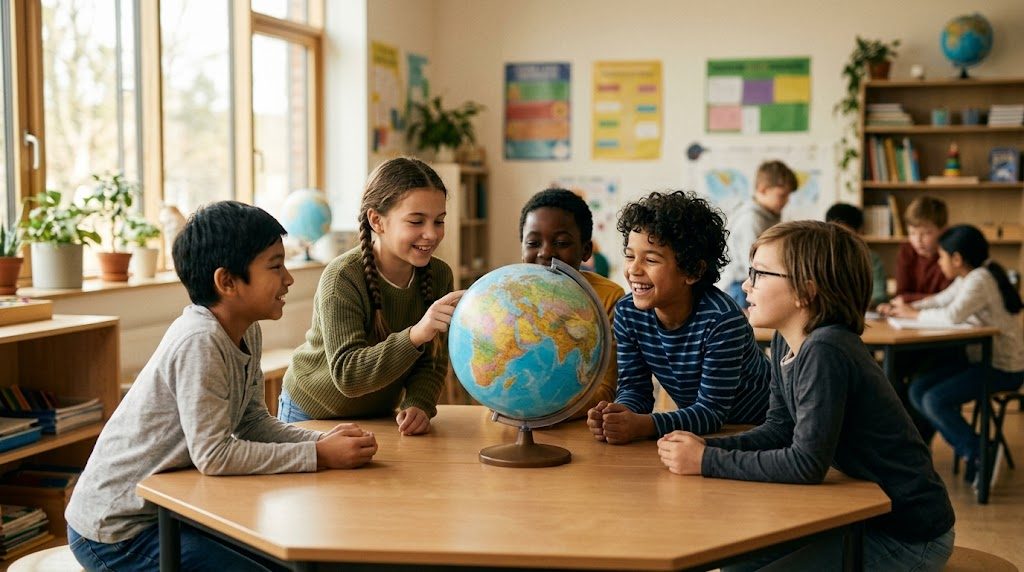 多様な国籍の子どもたちが明るい国際的な教室で一緒に学ぶ様子