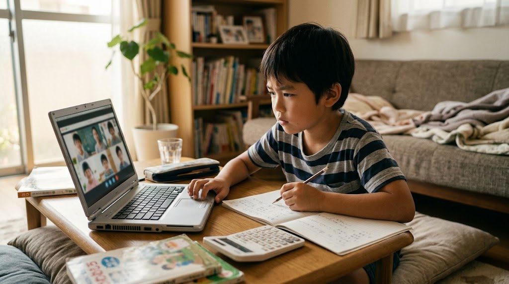 日本の家庭のリビングで、子どもがノートパソコンでオンラインのインター授業を受け、机の上に家計のノートが置かれた温かい情景