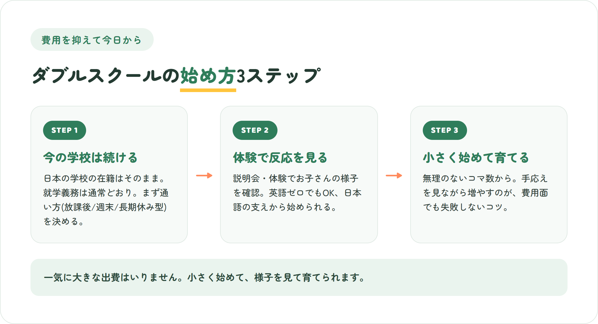 費用を抑えてダブルスクールを始める3ステップの図解。今の学校を続ける・体験で反応を見る・無理なく併用を始める