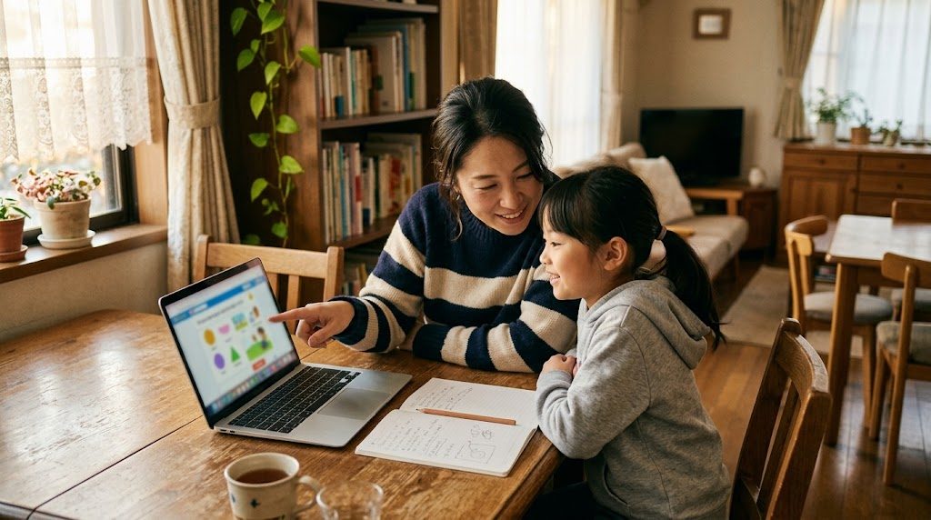 放課後、日本の家庭のダイニングで親子が英語の学習を一緒に見ながら笑顔で対話している温かい情景