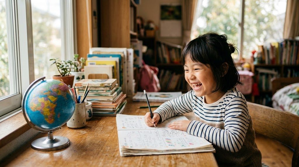A child studying happily beside a small globe at a home desk