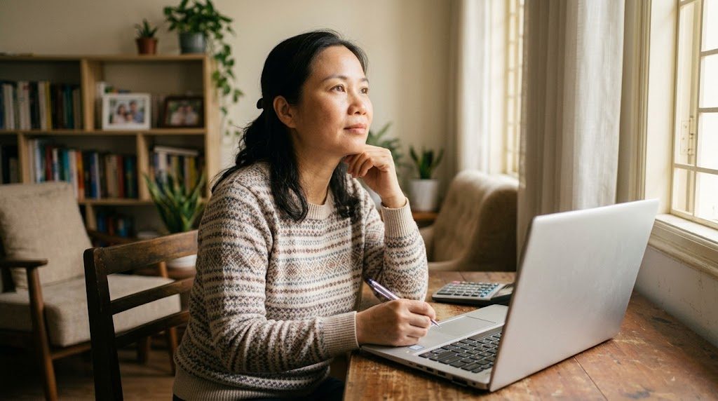 A parent thoughtfully planning the family education budget at a home desk