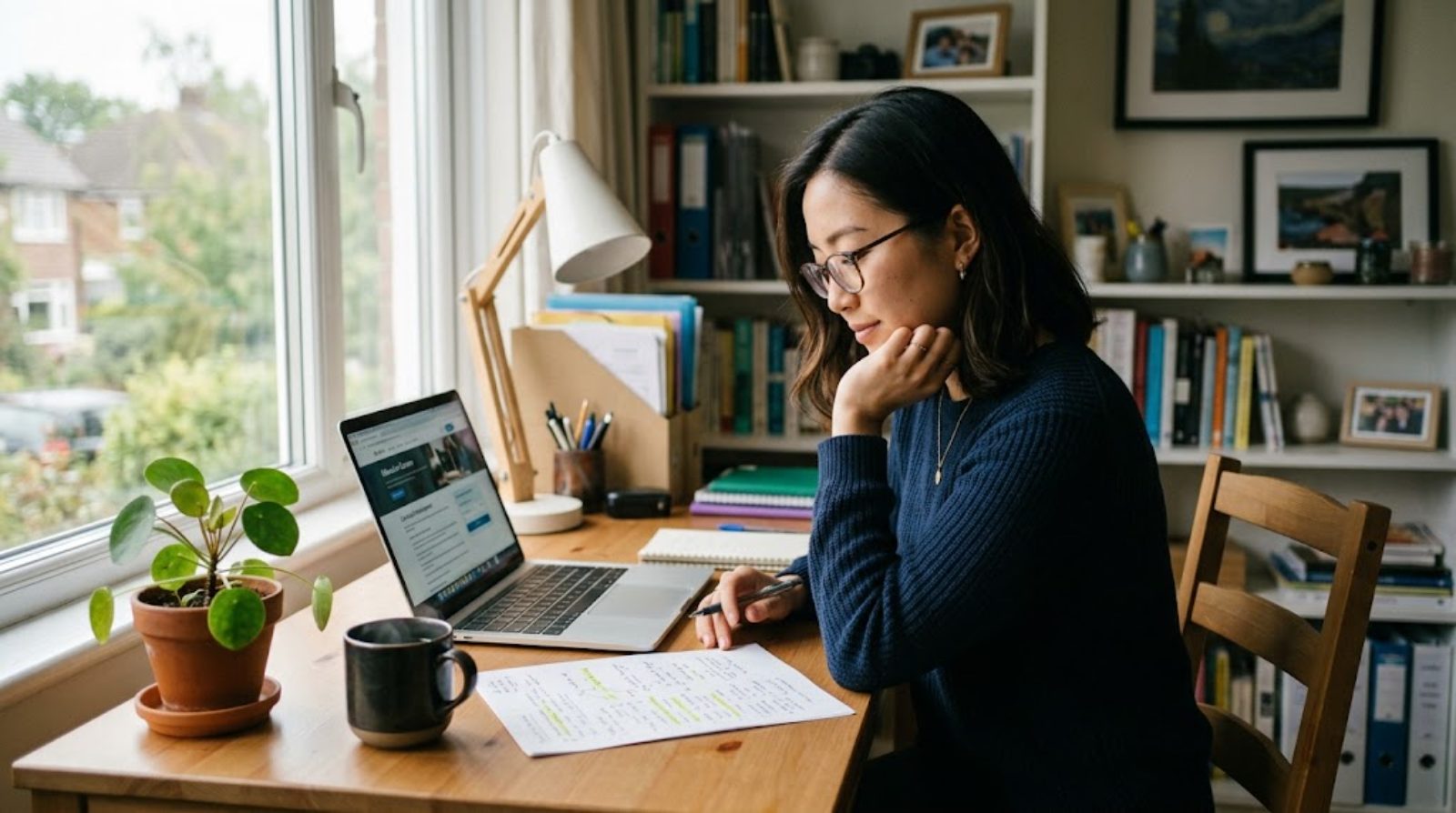 A job seeker in their thirties reviewing education roles on a laptop and notes at a home desk in soft natural light, thoughtful and hopeful
