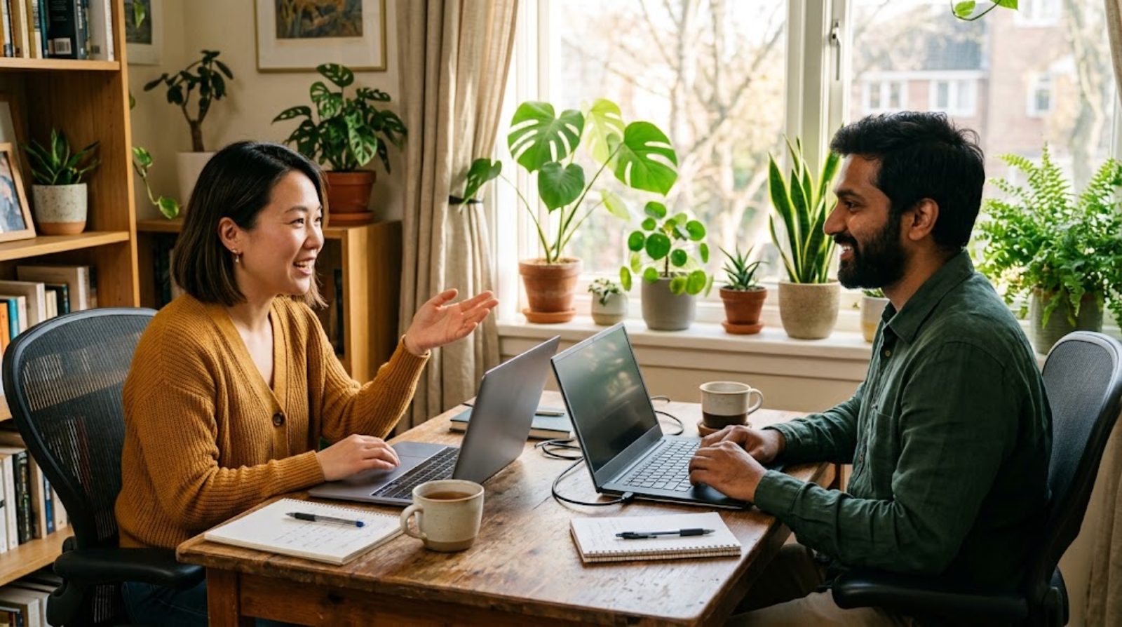 Diverse adults working remotely on laptops in a bright home or co-working corner, a way of working unbound by commuting distance