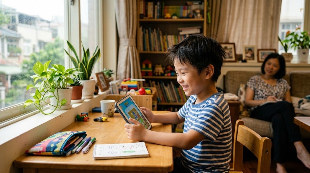 An Asian child learning happily on a tablet at a home desk, a parent watching nearby