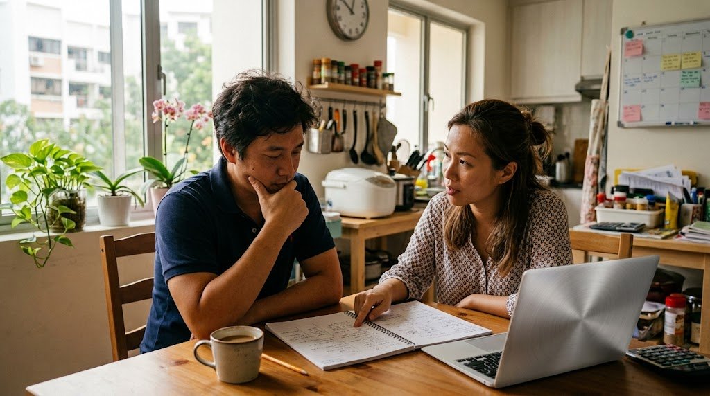 An Asian couple at a kitchen table thoughtfully discussing their child's schooling over a notebook and laptop