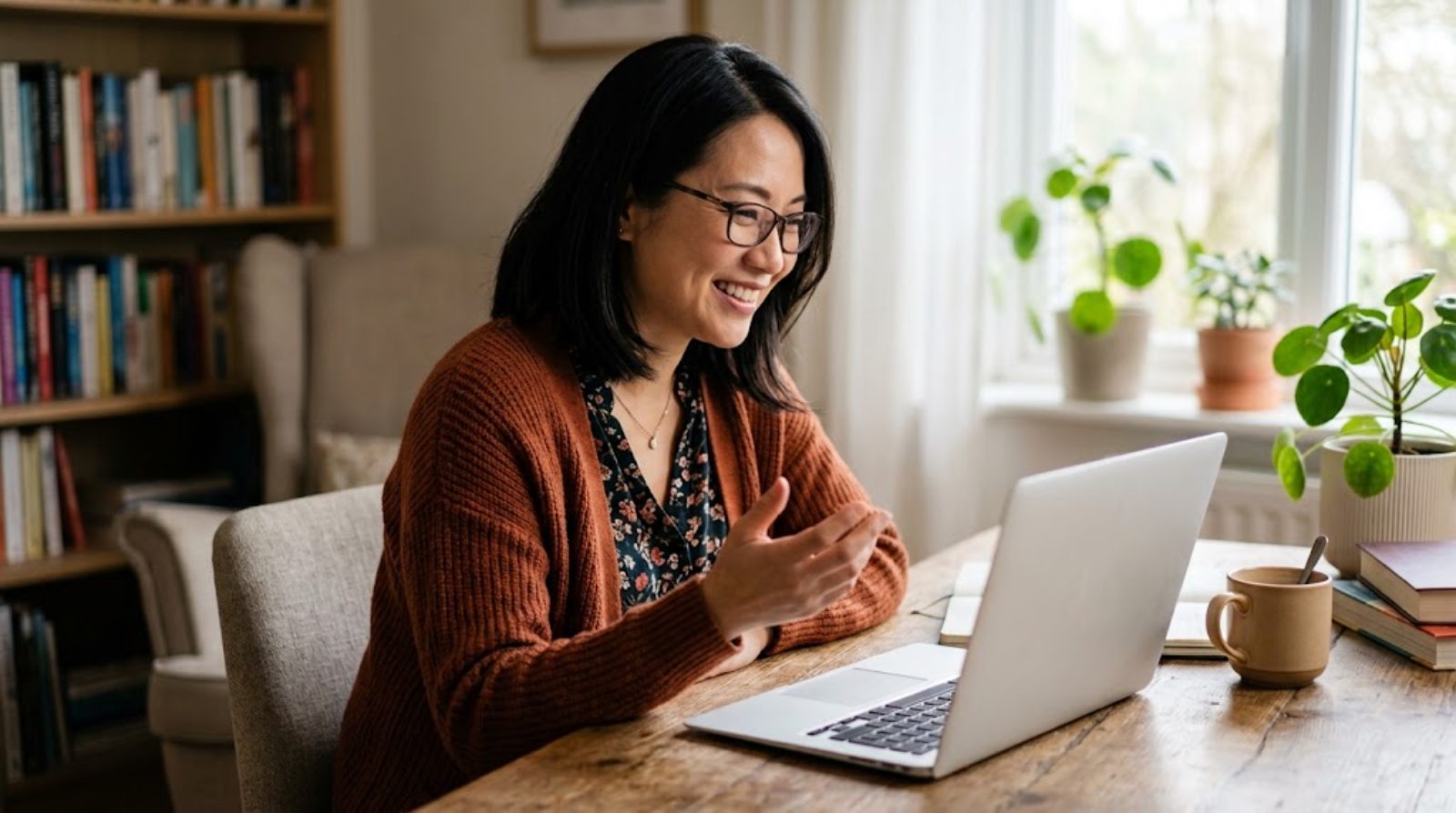 An international school teacher leaning in to listen and talk with children through the screen during a small-group online lesson from home