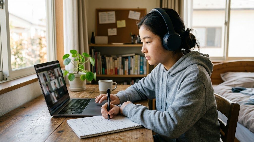 A teenager attending an online class from home, headphones on, focused and engaged at a desk