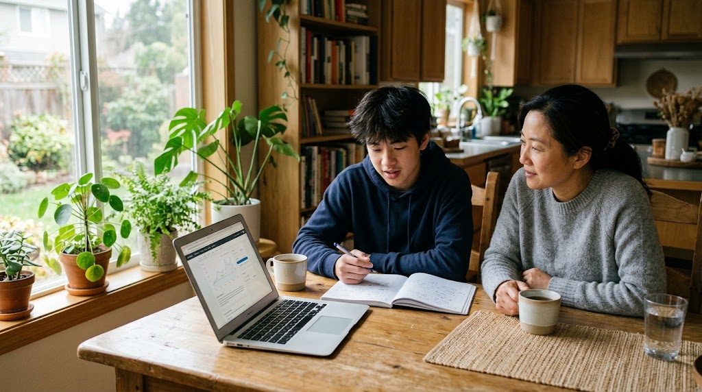 A parent and their teenage child talking calmly about future study paths at home in the morning, a notebook open between them