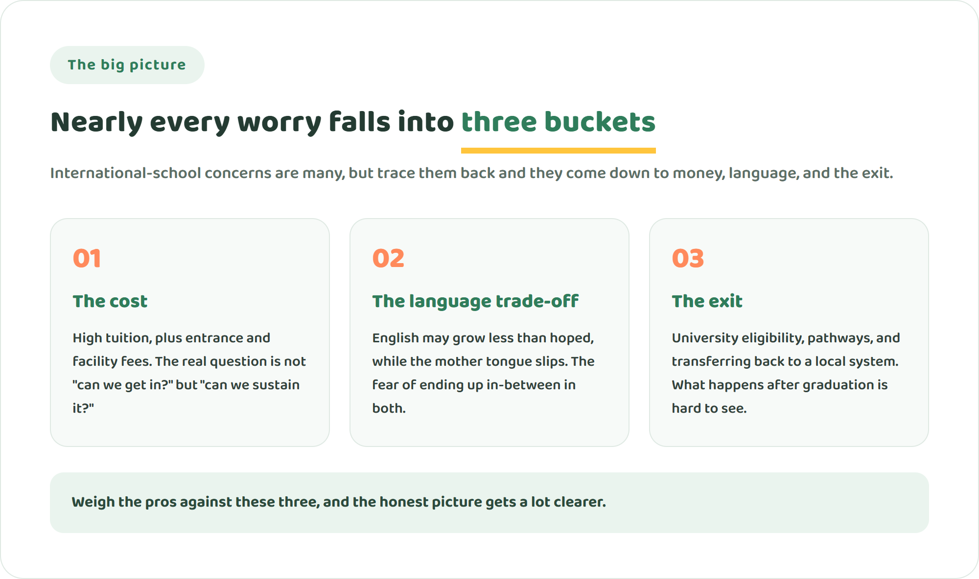 Infographic grouping international-school downsides into three buckets: cost, the language trade-off, and the exit after graduation