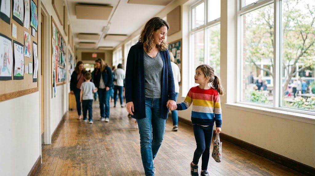 A parent and child on a school open-day visit, walking a bright corridor and looking around