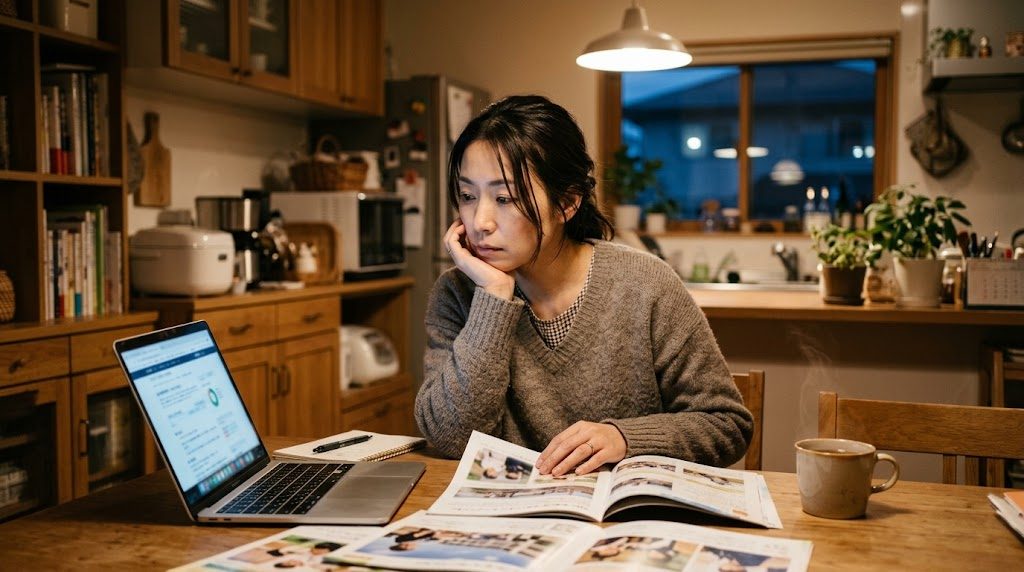 A parent at home weighing a school decision, brochures and a laptop on the table
