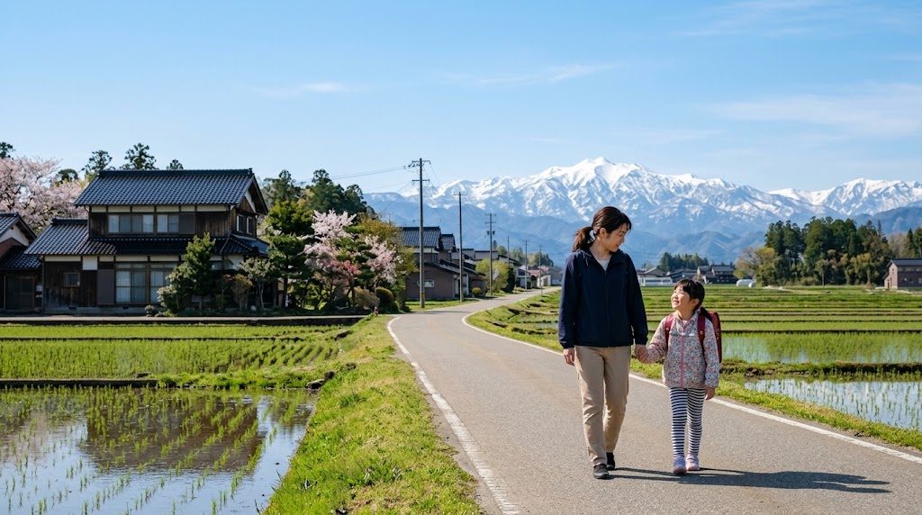 白山連峰を望む石川県の田園の道を、通学かばんを背負った子どもと母親が手をつないで歩く朝の風景