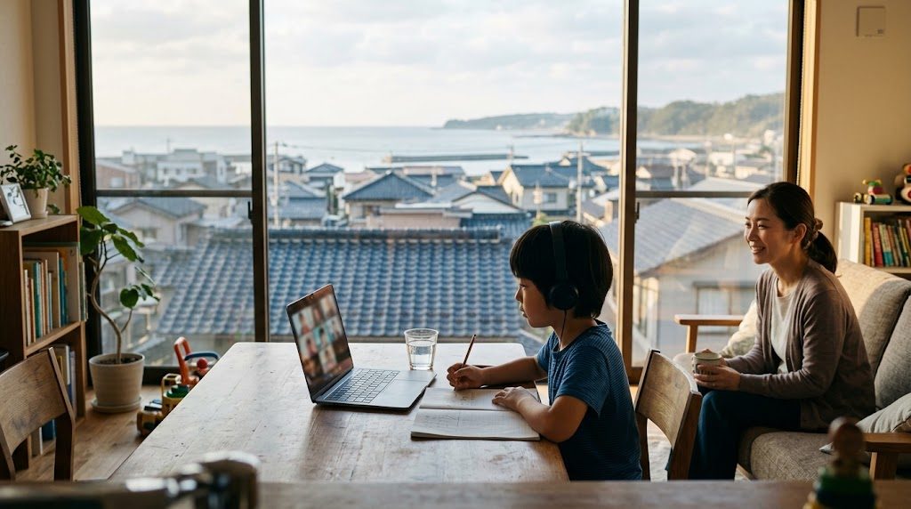 石川県の自宅リビングで、子どもがノートパソコンでオンライン授業を受け、そばで母親が穏やかに見守る様子