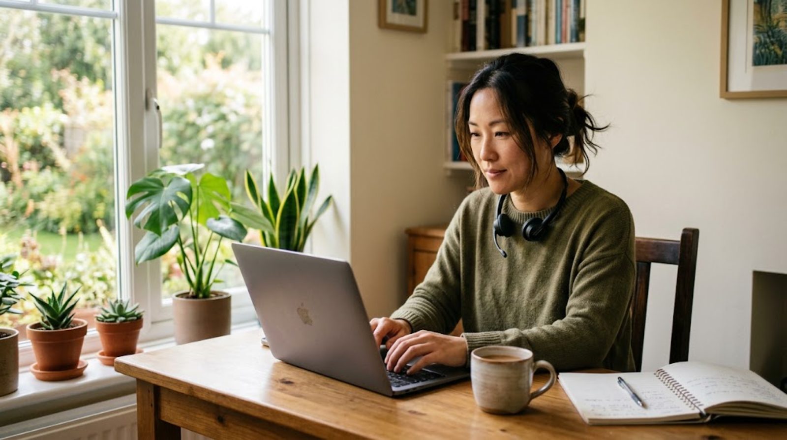 A person in their thirties working in English on a laptop with a headset at a sunlit desk by a window at home