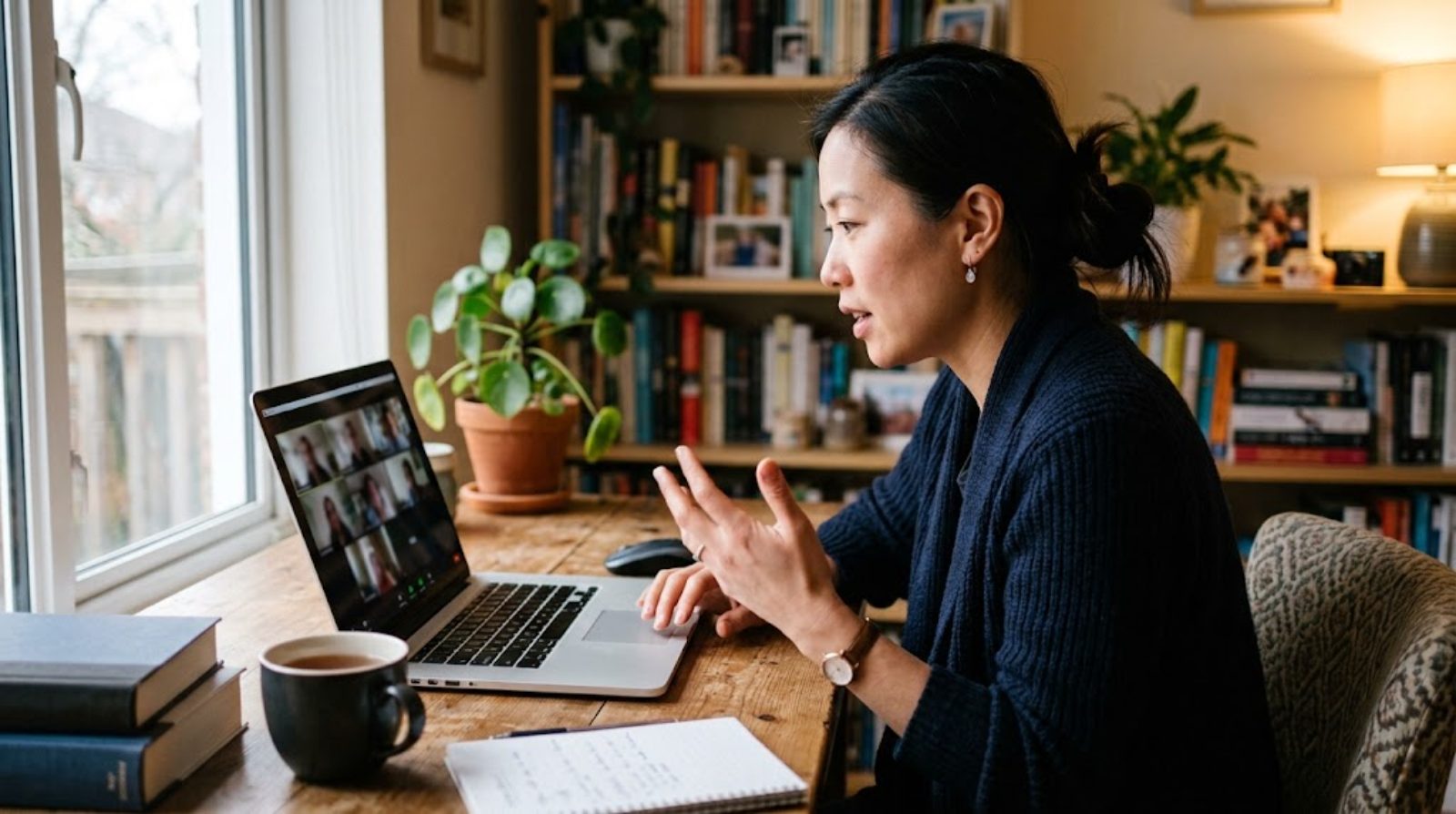 An adult teaching a small-group online lesson from home, leaning in to listen and respond to children through the screen