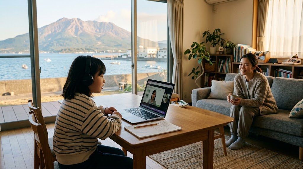 桜島が見える鹿児島の自宅リビングで、子どもがノートパソコンでオンライン授業を受け、そばで母親が穏やかに見守る様子