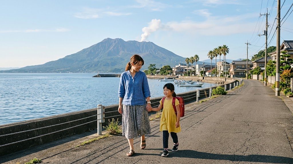 桜島を望む鹿児島の海沿いの道を、通学かばんを背負った子どもと母親が手をつないで歩く朝の風景