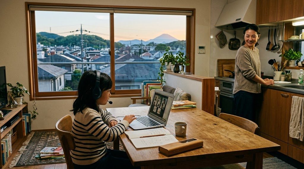A child in a Kanagawa home taking an online class on a laptop in the evening while a parent watches warmly from nearby