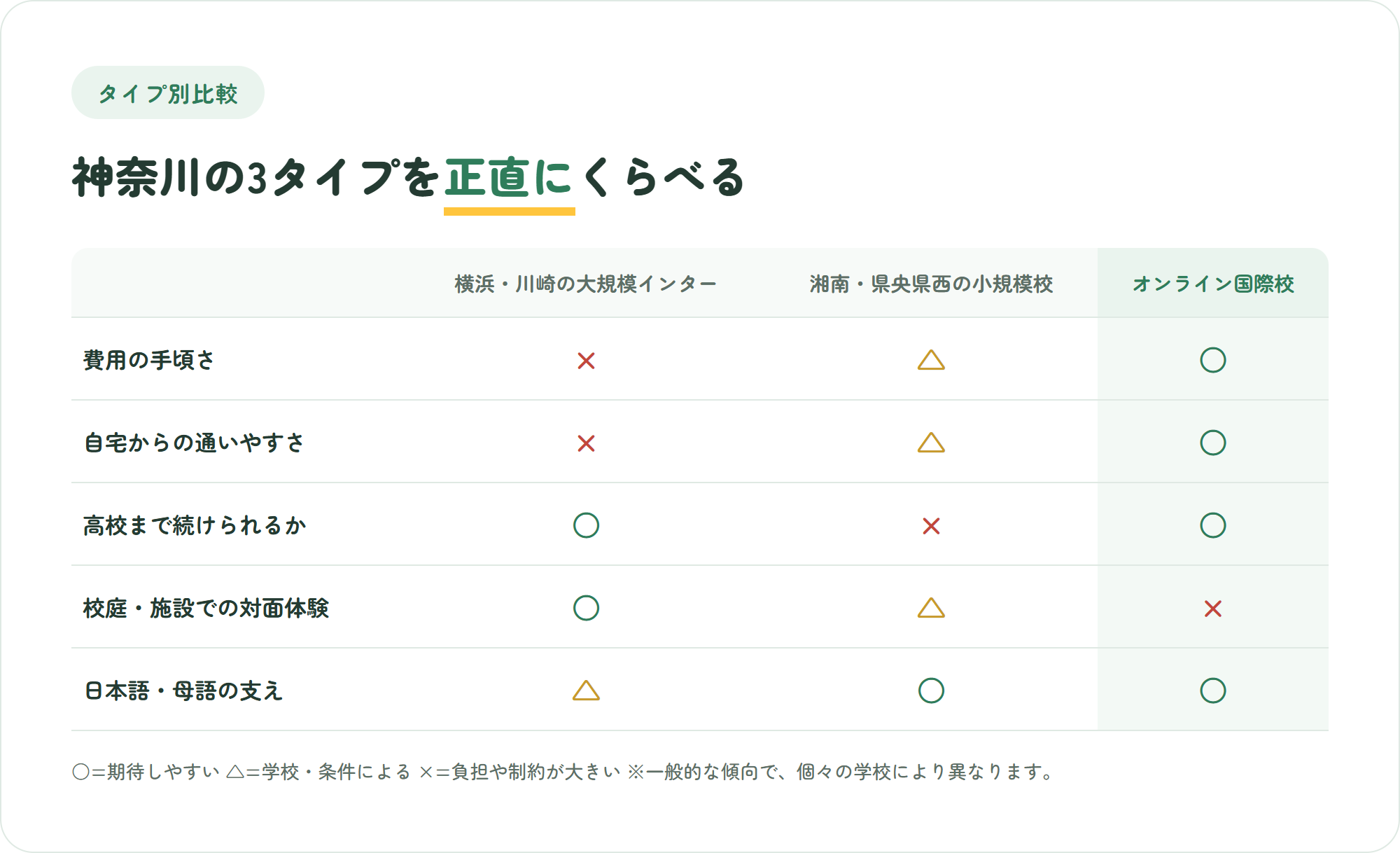 横浜・川崎の大規模インター、湘南や県央県西の小規模スクール、オンライン国際校を、費用の手頃さ・通いやすさ・高校までの一貫性・対面体験・日本語の支えの5観点で比較した表