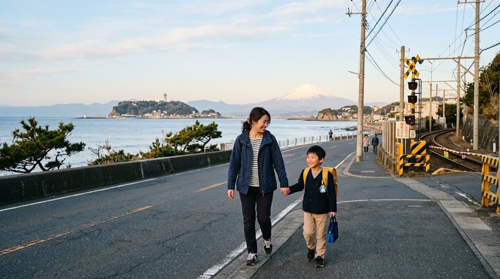 A parent and child walking to school along the Shonan coast in Kanagawa in the morning, with Enoshima island and Mount Fuji in the distance