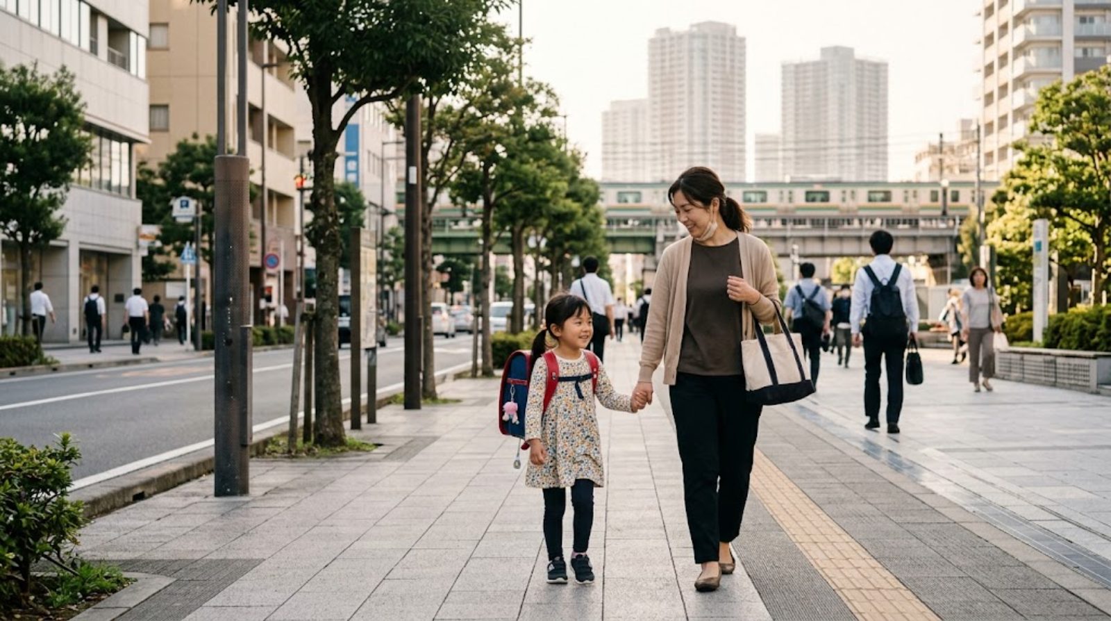 朝の川崎の街並みを背景に、通学かばんを持った子どもと母親が並んで歩く様子