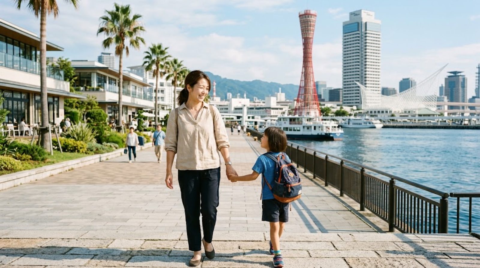 神戸港とポートタワーを背景に、朝の街路を手をつないで歩く母親と小学生の子ども
