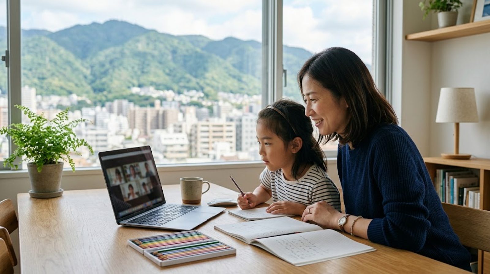 神戸の自宅リビングで、ノートパソコンを前にオンライン授業に参加する子どもと寄り添う保護者