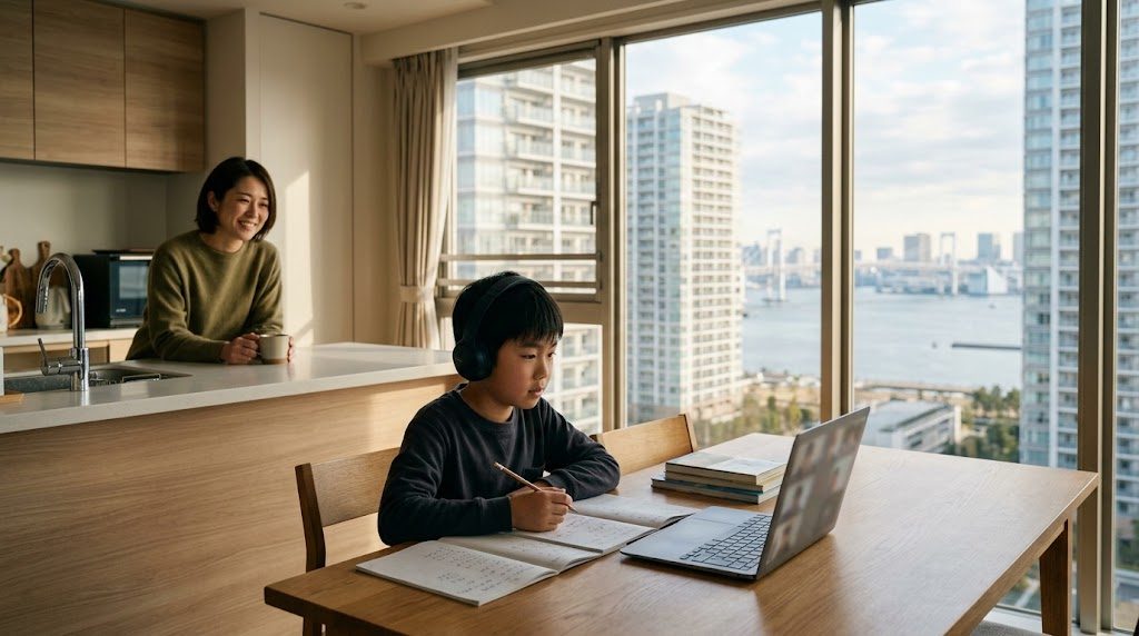 A child attending an online class at a dining table in a high-rise apartment in Koto Ward while a parent looks on warmly