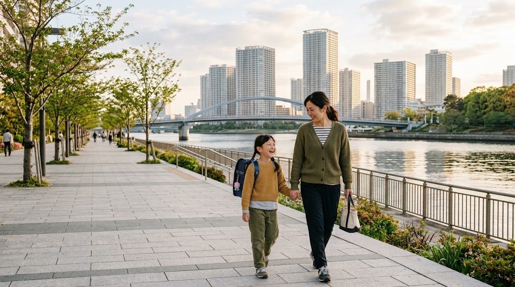 A parent and child walking to school along a canal-side path in Toyosu, Koto Ward, with tower apartments behind them in the morning light