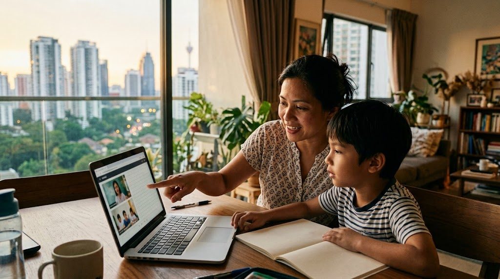 自宅のリビングでノートパソコンを開き、オンライン授業を受ける子どもに寄り添う保護者