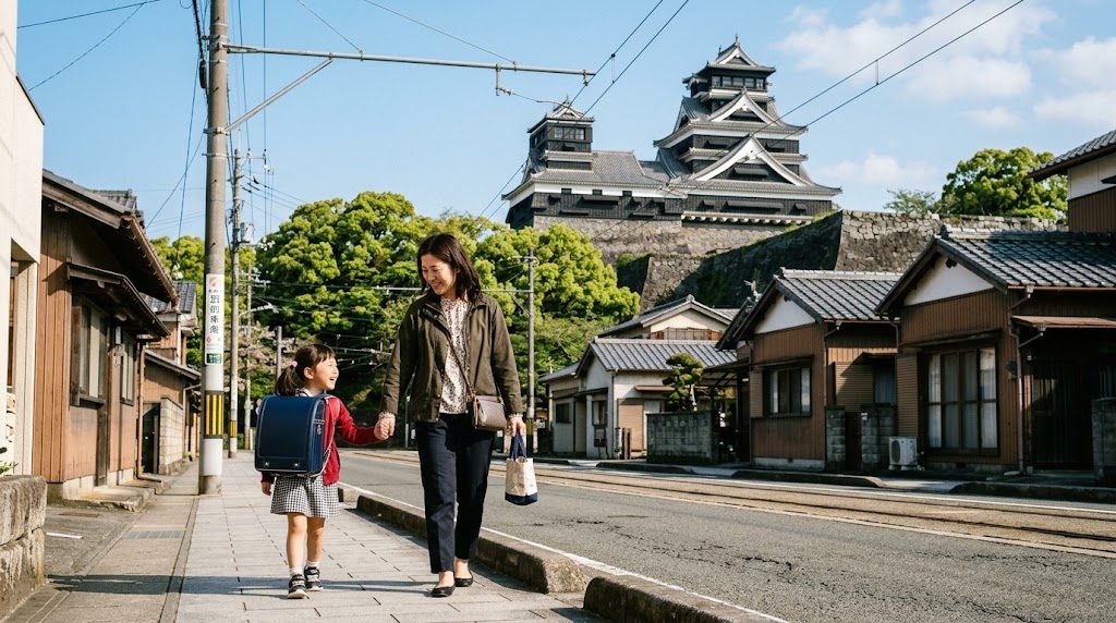 熊本城の天守を望む熊本市内の道を、通学かばんを背負った子どもと保護者が並んで歩く朝の風景