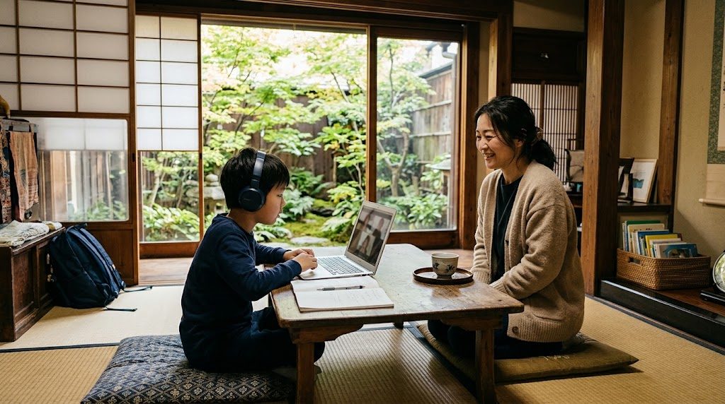 京都の自宅で、子どもがノートパソコンでオンライン授業に参加し、母親がそばで穏やかに見守る様子