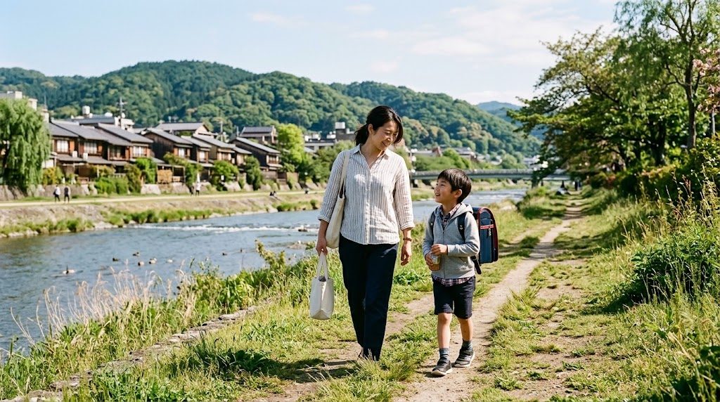 京都の鴨川沿いの朝の道を、通学かばんを背負った子どもと母親が並んで歩く様子