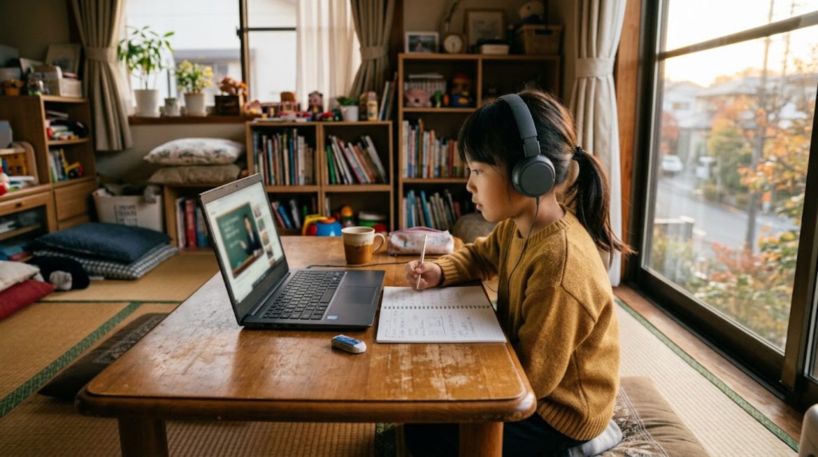 日本のリビングでノートパソコンに向かい、海外の先生とオンラインで英語で学ぶ小学生