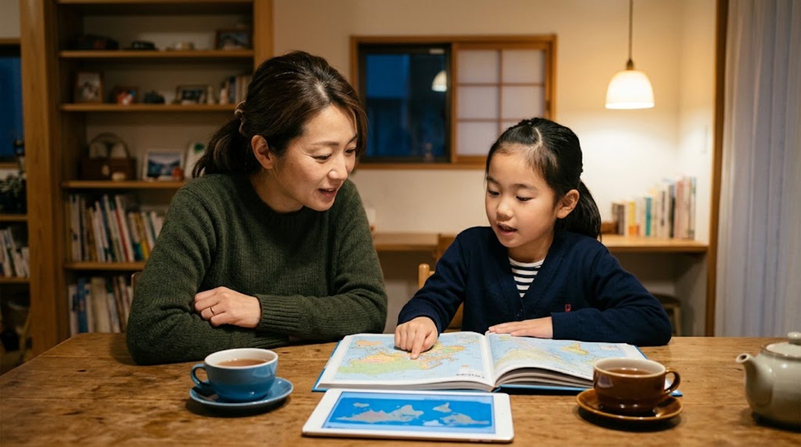 ダイニングテーブルで海外の学校のことを地図を見ながら話し合う日本の親子
